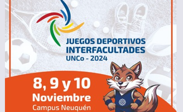 Gráfico promocional de los Juegos Deportivos Interfacultades UNCo 2024. El texto principal indica '8, 9 y 10 de noviembre, Campus Neuquén' sobre un fondo anaranjado en la parte inferior. A la derecha, se presenta una mascota con forma de zorro vestida con ropa deportiva azul y el logo de la Universidad Nacional del Comahue. En la parte superior, aparece el título 'Juegos Deportivos Interfacultades UNCo - 2024' acompañado de un logo colorido que simboliza las disciplinas deportivas. El fondo muestra imágenes de artículos deportivos en un tono desaturado.